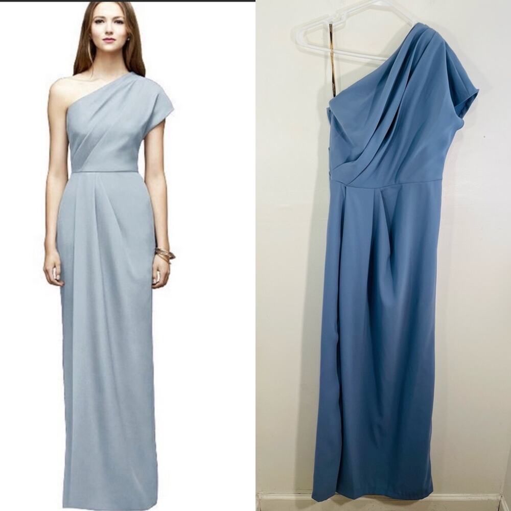 Lela Rose LR217 Larkspur Blue One Shoulder Pleated Maxi Bridesmaid Dress 8